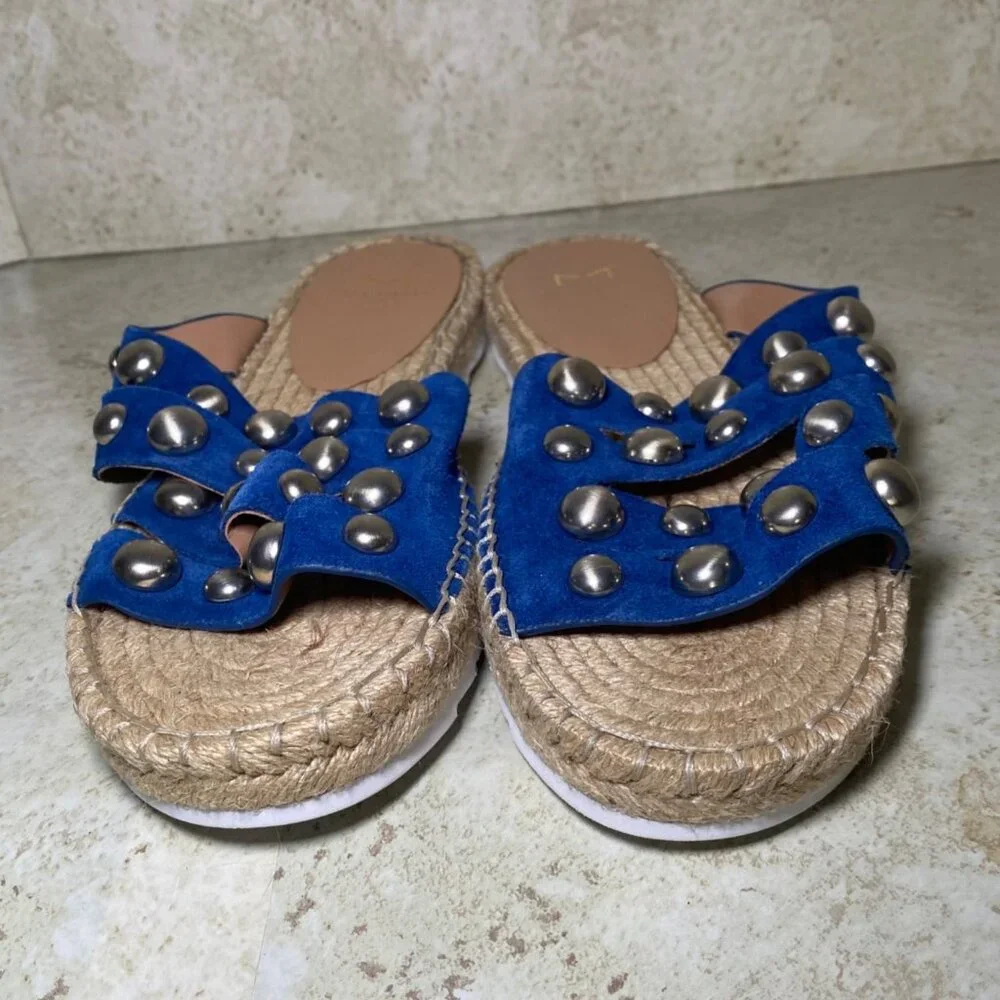 Womens Studded Blue Suede Espadrille‎  Sandals Jute Sole White Outsole - Size 9 - Picture 2 of 8